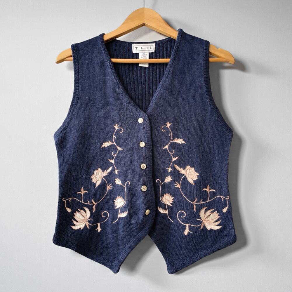 90s Whimsigoth Cottagecore Knit Vest Sweater M Navy Blue Embroidered Witchy